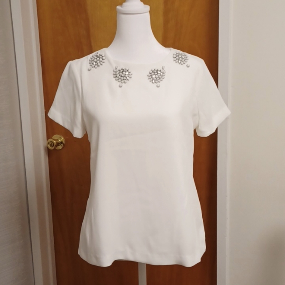 Blouse by Banana Republic, white with bead work on front neckline, Petite XS.